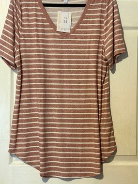LuLaRoe Iris Rusty Rose and White Striped V-Neck Tee
